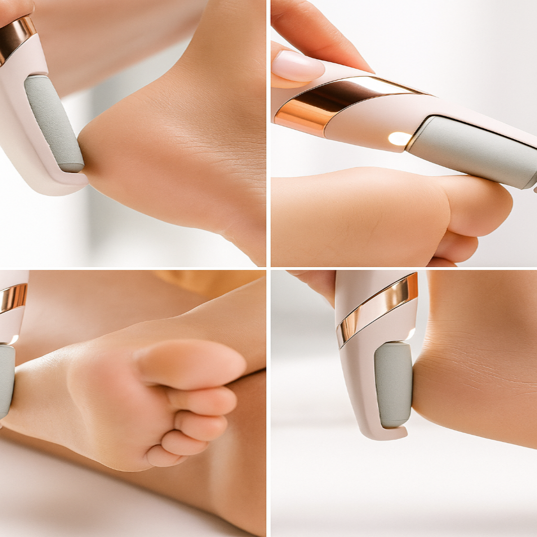 Collage of a handheld device being used on a foot, with close-up shots showing the device's design.