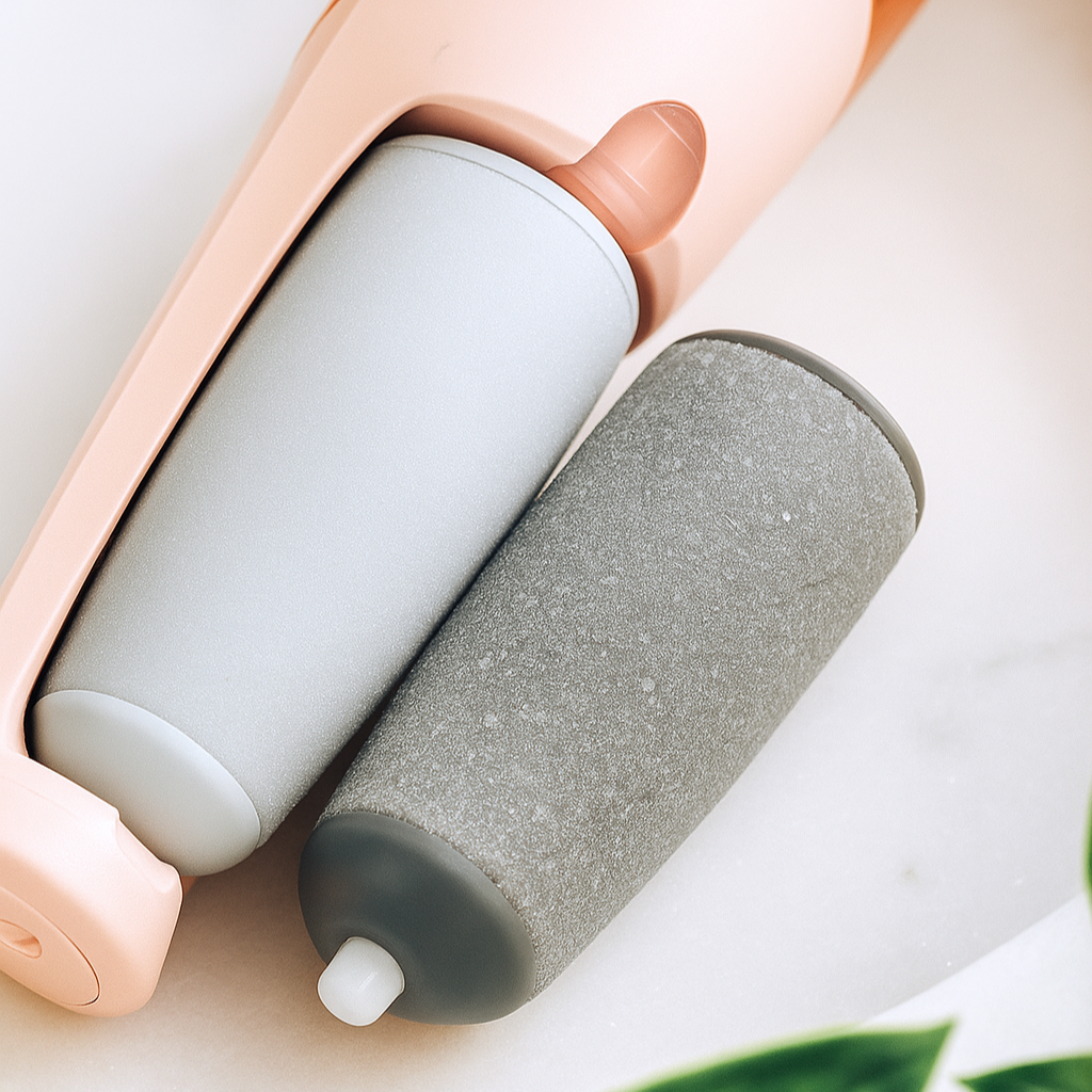 Two cylindrical containers, one light gray and one textured gray, on a white surface with green leaves.