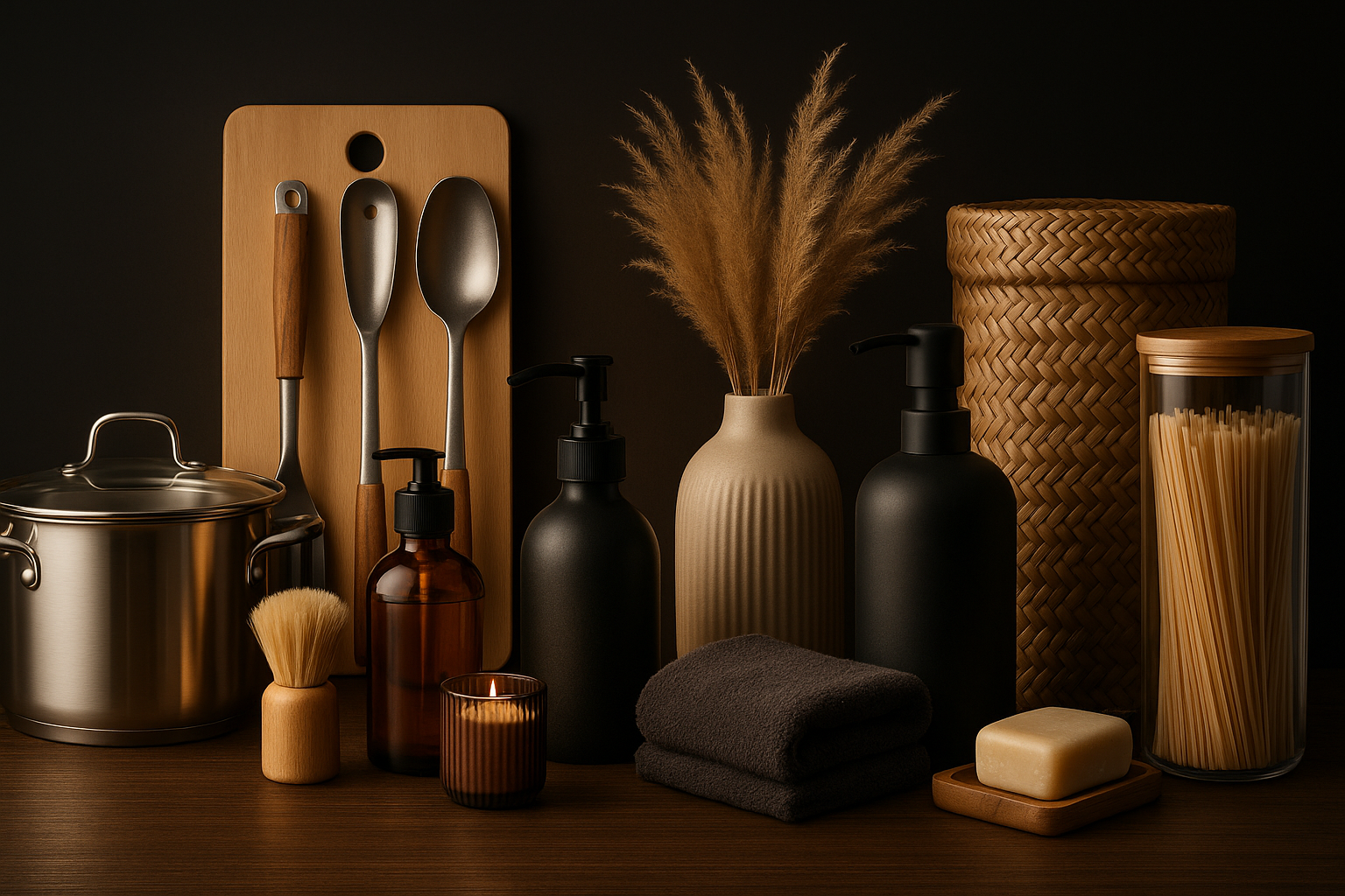 Generate a banner with black and brown background, showcasing household products, home essentials, high quality 