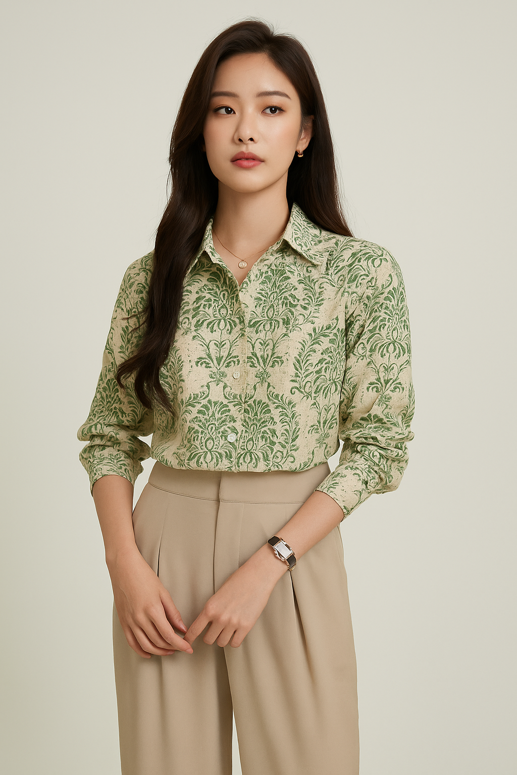 Woman wearing a green patterned shirt and beige pants on a plain background