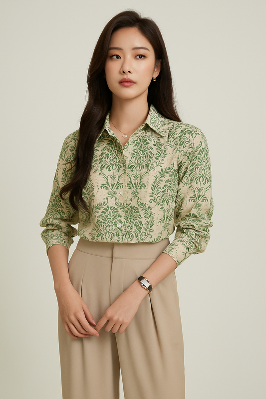Woman wearing a green patterned shirt and beige pants on a plain background