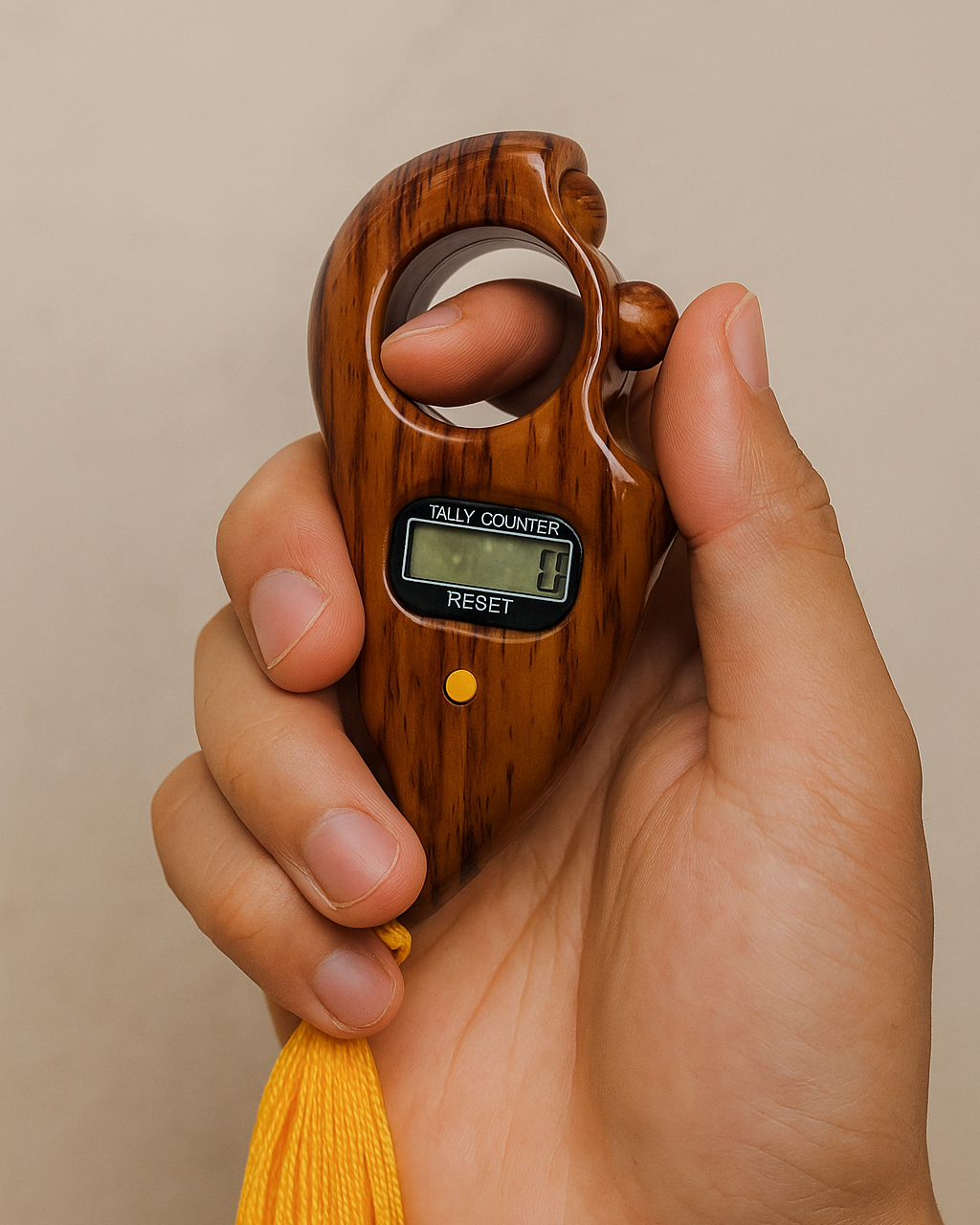 Hand holding a wooden tally counter with a digital display against a beige background