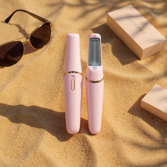 Two pink devices on sand with sunglasses and boxes in the background